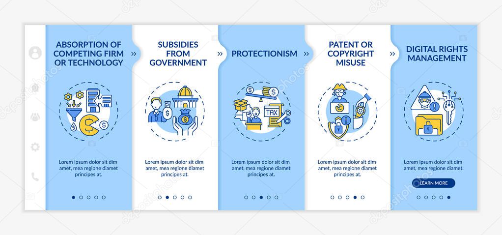 Competition-distorting policy onboarding vector template. Responsive mobile website with icons. Web page walkthrough 5 step screens. Acquisition, subsidies color concept with linear illustrations
