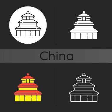 Cennet Tapınağı 'nın karanlık tema ikonu. Hasat için dua etmek için dini bir yer. Çin tarihi simgesi. Geleneksel kültür. Lineer beyaz, basit kabartma ve RGB renk stilleri. İzole vektör çizimleri
