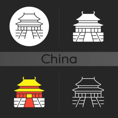 Yasak Şehir karanlık tema ikonu. Çin geleneksel antik yapısı. Çin 'de turistler için bir yer. Lineer beyaz, basit kabartma ve RGB renk stilleri. İzole vektör çizimleri