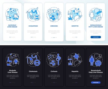 Mobil uygulama sayfası ekranında kavramlarla ilgili karaciğer sorunları. Kanser, fibrozis 5 aşamalı grafik talimatlar. UI, UX, GUI vektör şablonu doğrusal gece ve gündüz kip çizimleri