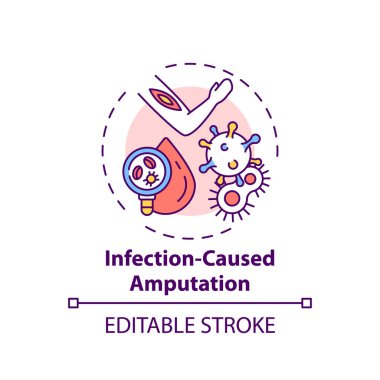 Enfeksiyon kaynaklı ampütasyon konsepti simgesi. Ampütasyon ince çizgi çizimine neden olur. Kan damarı hastalığı. Etkilenmiş uzuv. Kemik enfeksiyonu Vektör izole edilmiş RGB renk çizimi. Düzenlenebilir vuruş