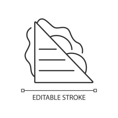 Sandviç doğrusal simgesi. Jambonlu ve peynirli sandviç. Ekmek parçaları arasında et dilimleri ve salatalar. İnce çizgi özelleştirilebilir illüstrasyon. Contour sembolü. Vektör izole çizim. Düzenlenebilir vuruş