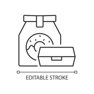 Doğrusal yemek ikonunu kaldır. Paket tasarımları. Depo. Çevre dostu çantalar. Açık hava yaz yemekleri. İnce çizgi özelleştirilebilir illüstrasyon. Contour sembolü. Vektör izole çizim. Düzenlenebilir vuruş