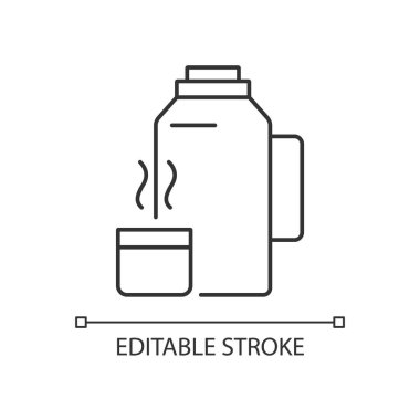 Süpürge matarası doğrusal simgesi. Kahve ve çayı sıcak tutuyorum. Termos şişesi. Arzu edilen sıcaklık. İnce çizgi özelleştirilebilir illüstrasyon. Contour sembolü. Vektör izole çizim. Düzenlenebilir vuruş