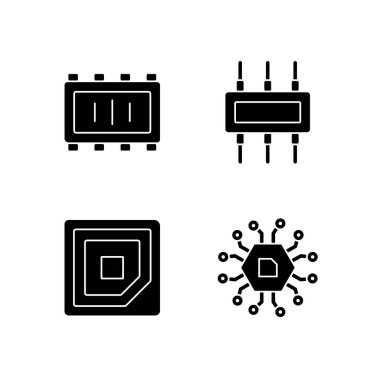 Mikro devreler, beyaz uzaya dizilmiş siyah kabartma simgeleri. Yerleştirme aygıtı için Cpu köşesi işaretleniyor. Elektronik parçalar üretimi. Siluet sembolleri. Vektör izole illüstrasyonu