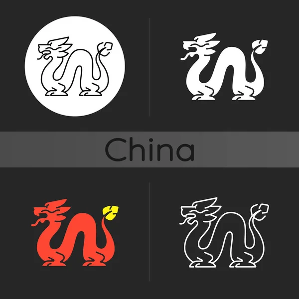 Icono Del Tema Oscuro Del Dragón Loong Antiguas Tradiciones Chinas — Vector de stock