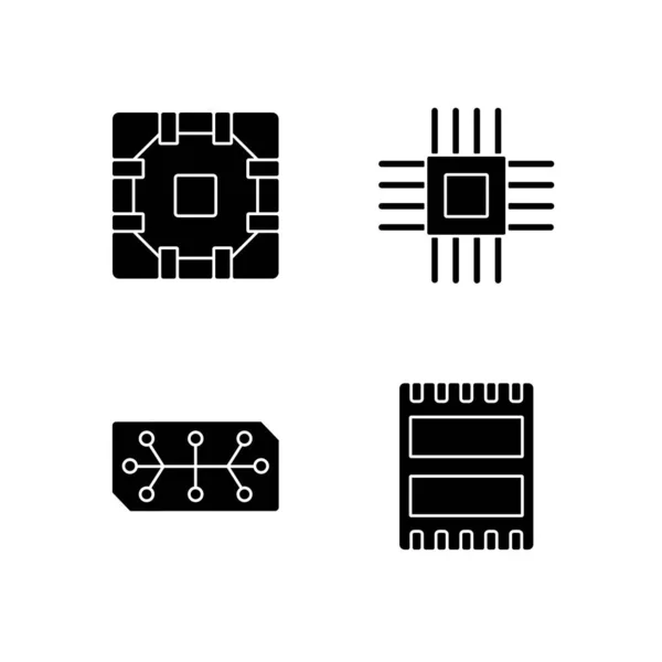 Mikroschaltungen Schwarze Glyphen Symbole Auf Weißem Raum Computeranschlüsse Stabile Verbindung — Stockvektor