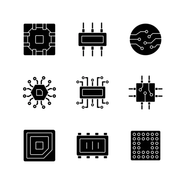 Microcircuits Black Glyph Icons Set White Space Computer Device Circuit — Stock Vector