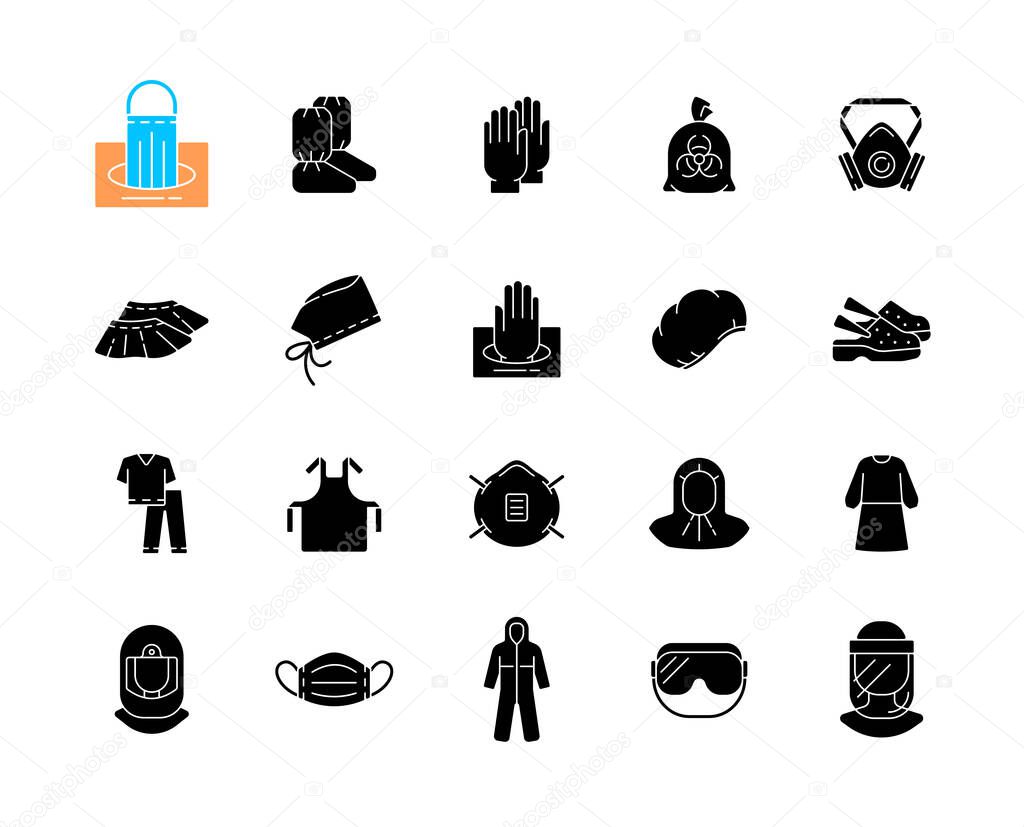 Medical PPE black glyph icons set on white space. Surgical cap. Boot covers. Disposable gloves. Scrubs suit. Isolation gown. Surgical face shield. Silhouette symbols. Vector isolated illustration