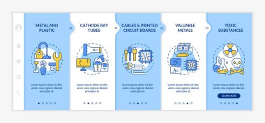 Elektronik atık bileşenleri vektör şablonunda. Simgeli ilgili mobil web sitesi. Web sayfasında 5 basamaklı ekranlar. Yazdırılmış devre kartı, doğrusal illüstrasyonlu kablo rengi kavramı
