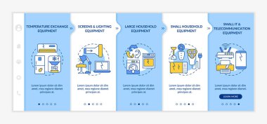 Elektronik atık grupları vektör şablonunda. Simgeli ilgili mobil web sitesi. Web sayfasında 5 basamaklı ekranlar. Doğrusal çizimlerle sıcaklık değişim ekipmanı renk kavramı
