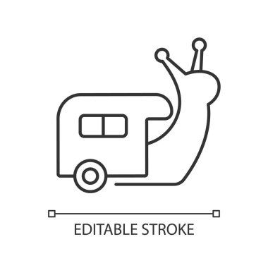 Yavaş seyahat doğrusal simgesi. Tur sırasında dinlenme ve dinlenme. Karavanda yolculuk. Göçebe yaşam tarzı. İnce çizgi özelleştirilebilir illüstrasyon. Contour sembolü. Vektör izole çizim. Düzenlenebilir vuruş