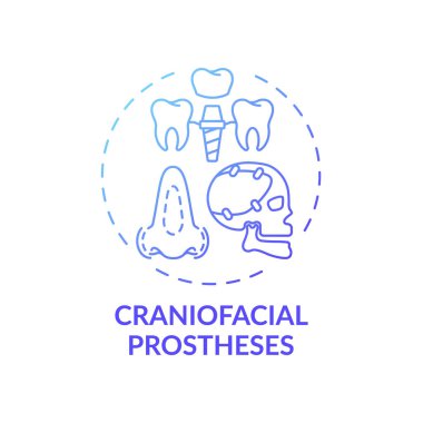 Kafatası protezleri konsept simgesi. Protezler ince çizgi çizimleri çiziyor. Yüz şeklindeki bozuklukları gizlemek için. Yeniden yapılandırma cerrahi teknikleri. Vektör izole edilmiş RGB renk çizimi