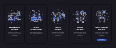 Mobil uygulama sayfası ekranında kavramlarla destekleyici teknoloji. Rehabilitasyon robotları 5 aşamalı grafik talimatları inceliyor. UI, UX, doğrusal gece kipi çizimleri ile GUI vektör şablonu