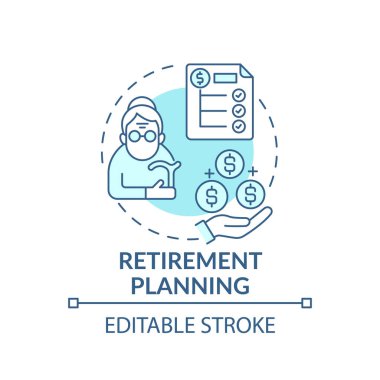 Emeklilik konsepti ikonu. Zenginlik yönetimi fikri ince çizgi çizimi. Finansal planlama. Tasarruf. Birikmiş varlıklar. Vektör izole edilmiş RGB renk çizimi. Düzenlenebilir vuruş