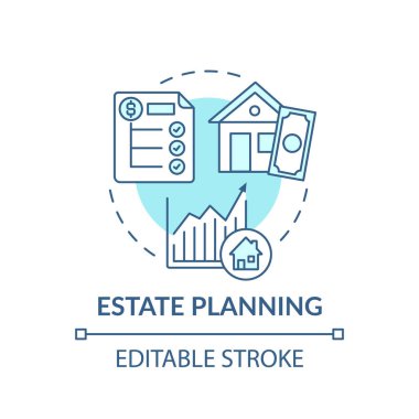 Emlak planlama konsepti ikonu. Zenginlik tavsiyesi ince çizgi çizimi. Emlak vergileri azalıyor. Hisse senetleri ve tahviller. Vektör izole edilmiş RGB renk çizimi. Düzenlenebilir vuruş