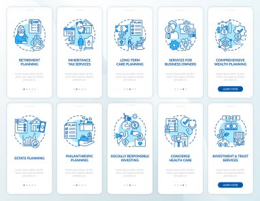 Refah stratejisi mobil uygulama sayfası ekranında konseptler ayarlandı. Finansal operasyonlar 5 aşamalı grafik talimatları inceliyor. UI, UX, doğrusal renk çizimleri olan GUI vektör şablonu