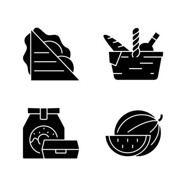 Açık hava yemek simgeleri beyaz uzaya dizilmiş. Jambonlu ve peynirli sandviç. Piknik sepeti. Paket yemek. Karpuz. Kahvaltı ve öğle yemeği vakti. Siluet sembolleri. Vektör izole illüstrasyonu