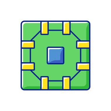 Bilgisayar devre kartı RGB renk simgesi. Güçlü cihazların akıllı sistemlerde hata ve sorun olmadan çalışmasını sağlayan küçük parçalar. İzole vektör illüstrasyonu