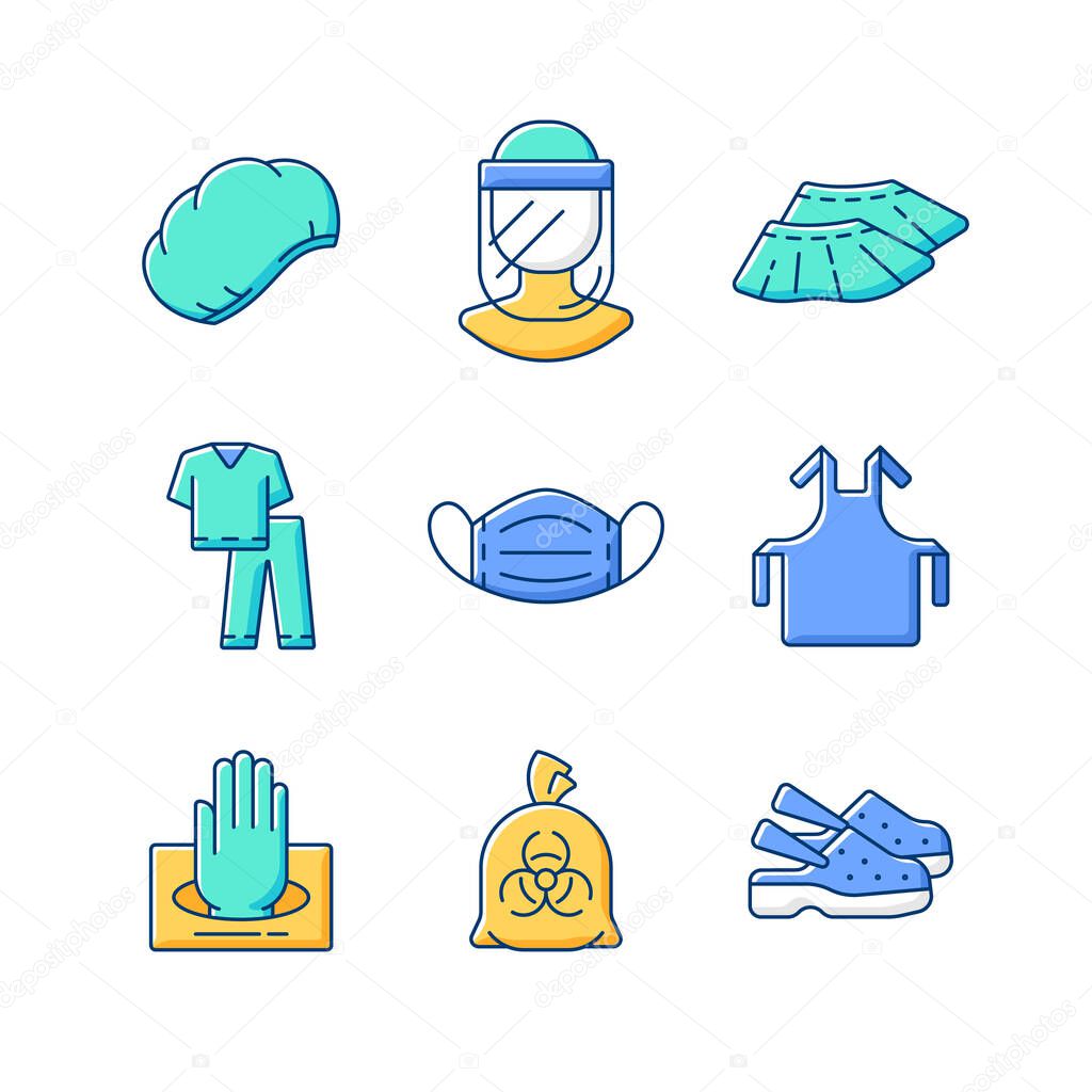 Disposable medical uniform RGB color icons set. Surgical cap. Face shield. Shoe covers. Scrub suits. Facial mask. Medical apron and shoes. Gloves in box. Infectious waste bag. Isolated vector