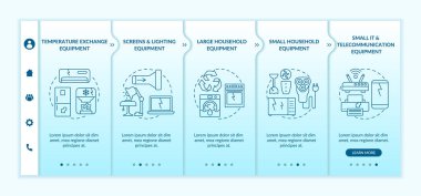 Elektronik atık kategorileri vektör şablonunda. Simgeli ilgili mobil web sitesi. Web sayfasında 5 basamaklı ekranlar. Doğrusal illüstrasyonlu ekranlar, telekom ekipmanı renk kavramı
