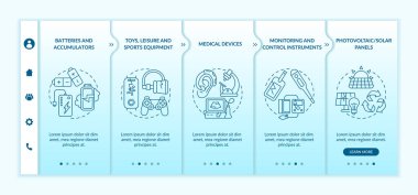 Elektronik atık grupları vektör şablonunda. Simgeli ilgili mobil web sitesi. Web sayfasında 5 basamaklı ekranlar. Fotovoltaik, aygıtların doğrusal çizimlerle renk konseptini izleme