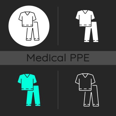 Koyu renk tema simgeleri ayarlandı. Klinikte çalışmak için uygun. Hastane profesyoneli için koruyucu giysi. Tek kullanımlık PPE. Doğrusal beyaz, katı kabartma ve RGB renk stilleri. İzole vektör çizimleri