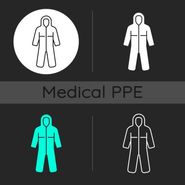 Tıbbi tulumlar koyu renk tema simgeleri ayarlandı. Tehlikeli kirlenmeye karşı koruyucu giysi. Laboratuvar için uygun. Tek kullanımlık PPE. Doğrusal beyaz, katı kabartma ve RGB renk stilleri. İzole vektör çizimleri