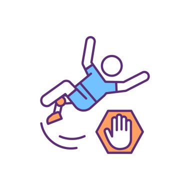 Protez bacak RGB renk ikonu ile koordinasyon geliştiriliyor. Protez ve el değmemiş uzuvlar dengeleniyor. Duruş değişiklikleri. Hareket kabiliyeti gelişiyor. Ağırlık yönü, yer değiştirme. İzole vektör illüstrasyonu