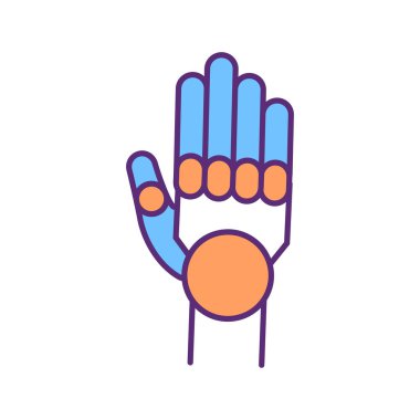 Yenilikçi protez el RGB renk simgesi. Protez parmak hareketleri kontrolü eğitiliyor. Yapay uzuv. İşlevsel doğal el değişimi. Üst uzuv ampütesi. İzole vektör illüstrasyonu