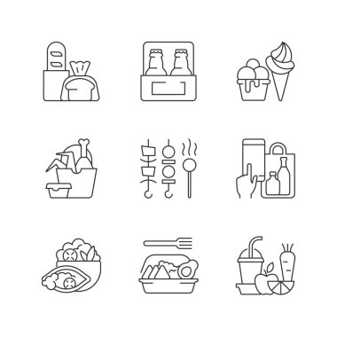 Alma ve teslim seçeneği doğrusal simgeler ayarlandı. Fırın ürünleri. - Bira. - Dondurma. Tavuk kanadı kovası. Özelleştirilebilir ince çizgi şekilleri. İzole vektör çizimi çizimleri. Düzenlenebilir vuruş