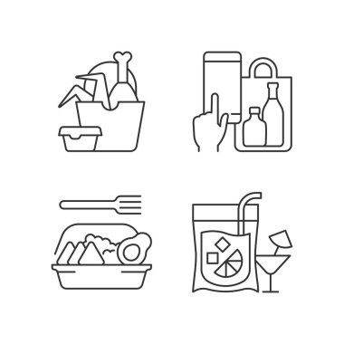 Paket servisi ve dağıtım seçeneği doğrusal simgeleri ayarlandı. Kızarmış tavuk kanatları ve bacakları. Telefon içecekleri sipariş edildi. Özelleştirilebilir ince çizgi şekilleri. İzole vektör çizimi çizimleri. Düzenlenebilir vuruş
