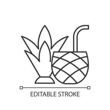 Pina colada lineer simgesi. Karışık alkollü içki, kokteyl. Tropik bir tat. Alkol içeriyor. İnce çizgi özelleştirilebilir illüstrasyon. Contour sembolü. Vektör izole çizim. Düzenlenebilir vuruş