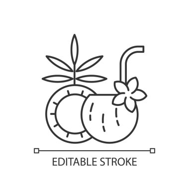 Hindistan cevizi kokteyli doğrusal ikonu. Plaj tatili Pina colada. Tropik bir içecek. Malzemeler karışıyor. İnce çizgi özelleştirilebilir illüstrasyon. Contour sembolü. Vektör izole çizim. Düzenlenebilir vuruş