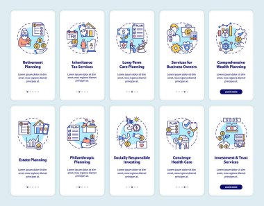 Mobil uygulama sayfası ekranında konseptlerle zenginlik planlaması. Finansal stratejiler 5 aşamalı grafik talimatları inceliyor. UI, UX, doğrusal renk çizimleri olan GUI vektör şablonu