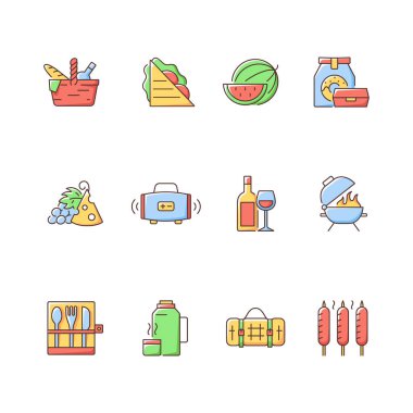 Piknik RGB renk simgeleri ayarlandı. Ağır piknik sepeti. Jambonlu ve peynirli sandviç. Karpuz. Yemeği götür. Kablosuz hoparlör. Şarap ve üzüm. Barbekü ızgarası. Yemek takımı. İzole vektör çizimleri