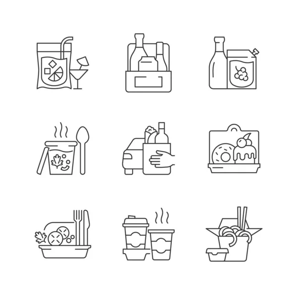 Pickup Delivery Option Linear Icons Set Slushy Drinks Wine Beer — Stock Vector