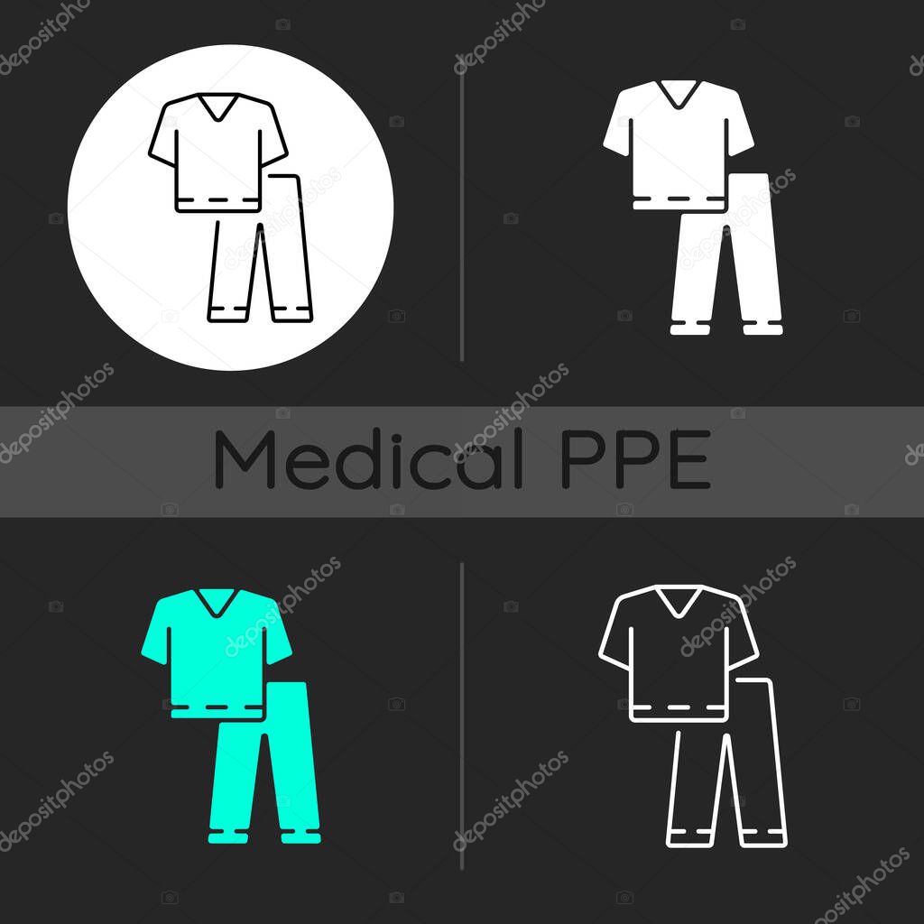 Scrub suit dark theme icons set. Suit to work in clinic. Protective wear for hospital professional. Disposable PPE. Linear white, solid glyph and RGB color styles. Isolated vector illustrations