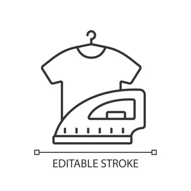 Çamaşır doğrusal simgesi. Otel çamaşırhanesi müşteri kıyafetlerini yıkayan ve ütüleyen bir hizmettir. İnce çizgi özelleştirilebilir illüstrasyon. Contour sembolü. Vektör izole çizim. Düzenlenebilir vuruş