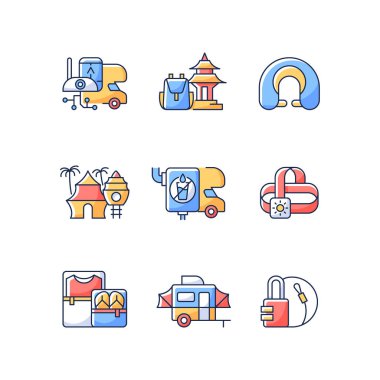 Yol gezisi RGB renk simgeleri ayarlandı. Seyahat ekipmanları. Ruhani göçebe. Turistler için tatil yeri. Eğlence kaçamağı. Gezgin için kamp gereksinimleri. Yaz tatili. İzole vektör çizimleri