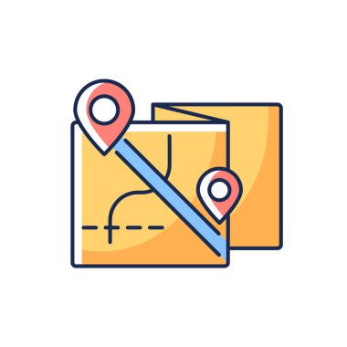 Göçebe tur RGB renk simgesi. Yolculuk planlama. Tur için GPS pimleri olan bir harita. Göçebe yaşam tarzı. Gezgin için kamp gereksinimleri. Yaz tatili. İzole vektör illüstrasyonu