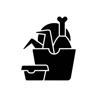 Kızarmış tavuk siyah kabartma simgesi. Çıtır tavuk kanatları, bacak kovası. Fast food restoranı. Kırmızı et girişi. Yağ oranı yüksek, kalori. Beyaz uzayda siluet sembolü. Vektör izole illüstrasyonu