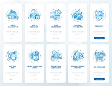 Mobil uygulama sayfasında kavramlarla birlikte iş geçişi. İş değişikliği, 5 aşamalı grafiksel talimatları gözden geçirir. UI, UX, doğrusal gün kipi çizimleri ile GUI vektör şablonu