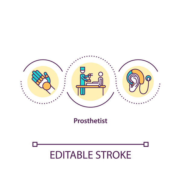 Икона протезирования. Профессионал здравоохранения, ответственно относящийся к идее тонкой линии протезирования. Векторный изолированный контур цветного рисунка RGB. Штрих к таблице