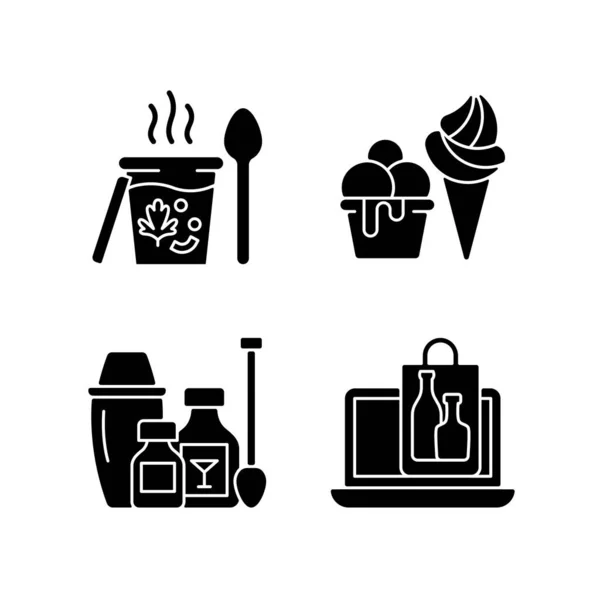 Takeaway Delivery Option Black Glyph Icons Set White Space Soups — Stock Vector