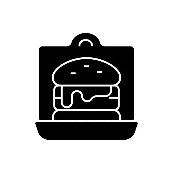 持ち帰りサンドイッチとハンバーガー黒グリフアイコン 2つのパンスライスの間のサラダと肉 ファーストフードレストラン 調理されたパテ 白い空間にシルエットのシンボル ベクトル分離図 — ストックベクタ