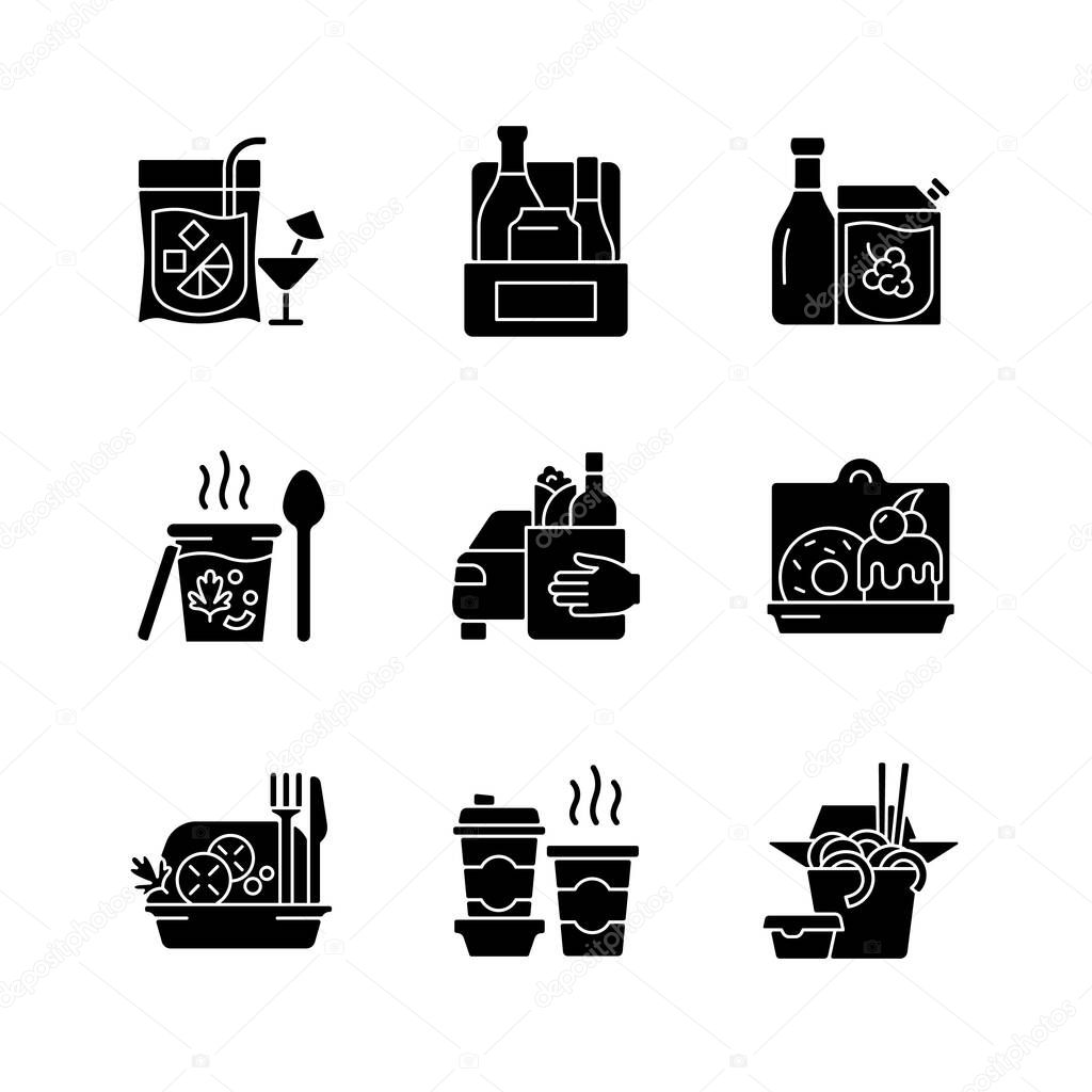 Pickup and delivery option black glyph icons set on white space. Slushy drinks. Wine, beer, spirits. Thick, creamy soups. Food curbside pickup. Silhouette symbols. Vector isolated illustration