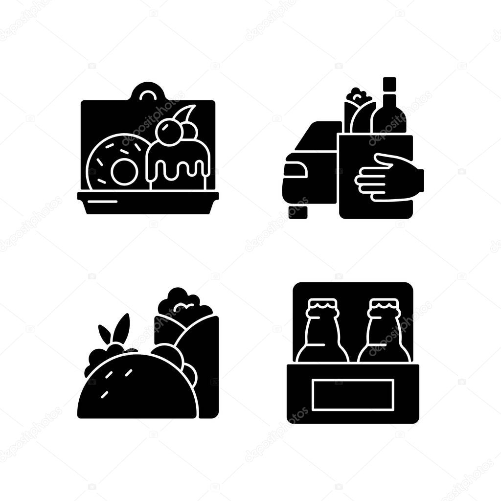 Pickup and delivery option black glyph icons set on white space. Cakes and desserts. Food curbside pickup. Burritos and tacos. Beer. Sweet baked food. Silhouette symbols. Vector isolated illustration