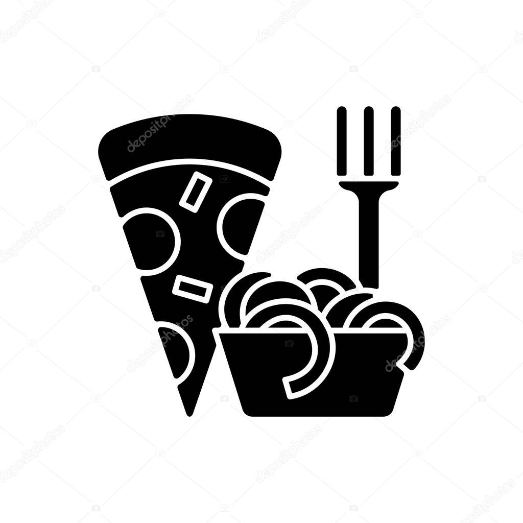 Takeaway italian food black glyph icon. Pizza and pasta. Italian cuisine delivery. Spaghetti and meatballs. Tomatoes, cheese combination. Silhouette symbol on white space. Vector isolated illustration