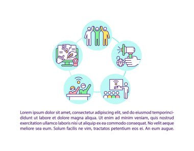 Dijital çağ konsept satırı simgelerine metinli toplumsal katılım. Kopya uzayı ile PPT sayfa vektör şablonu. Broşür, dergi, gazete tasarımı. Dijital ortam beyaz üzerinde doğrusal çizimler kullanır